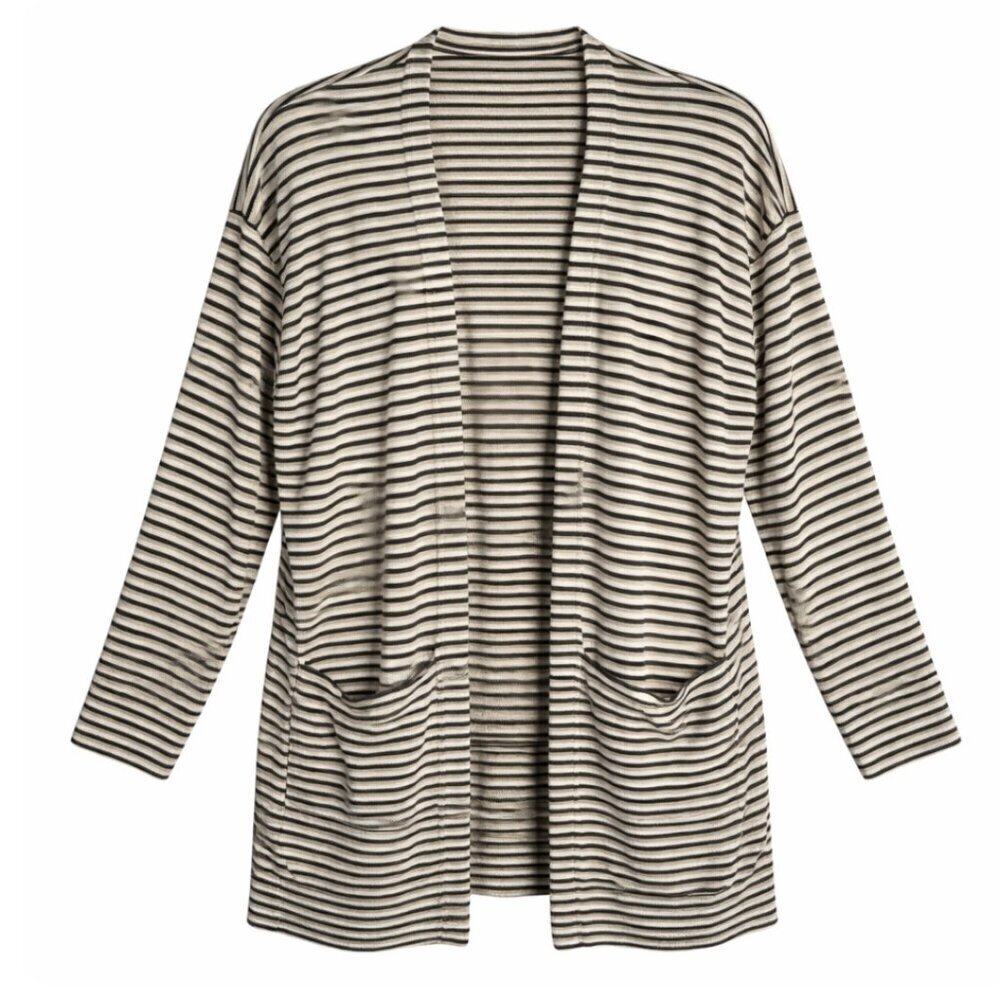 Monrow womens striped duster cardigan knit sweater Large White tan Black NWT